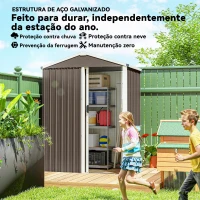 Outsunny Abrigo de Jardim Metálico 136x87x179 cm Abrigo para Ferramentas com Porta de Correr Teto Inclinado e Luvas Castanho(m-4)