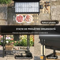 Outsunny Grătar pe cărbuni cu căruț de gătit, etajere pliabile, termometru, roți, rotisor electric, negru(m-7)