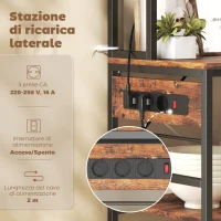 HOMCOM Scaffale da Cucina con Stazione di Ricarica, 5 Ripiani e 10 Ganci a S, in Legno e Acciaio, 80x40x170 cm, Marrone(m-4)