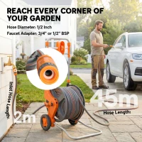 Outsunny Hose Reel Cart with Wheels, 45+2m Garden Hose Reel with 2 Patterns Nozzle, Faucet Adaptors and Rewind Handle, Orange(m-4)
