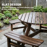 Outsunny Wooden Garden Dining Set, 6 Seater Round Dining Picnic Table with Matching Bench, Garden Furniture Set with Parasol Hole for Outdoor Patio Party and Family Gatherings, Carbonized(m-6)