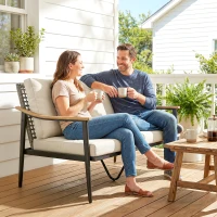 Outsunny 2 Seater Rattan Sofa, Outdoor Garden Sofa with Wood-Effect Armrests, Cushions for Patio, Balcony, Khaki(m-8)