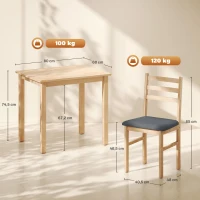 HOMCOM 3-teiliges Esstisch-Set mit 2 Stühlen, Küchentisch für kompakte Räume, gepolsterte Stühle, platzsparend, MDF, Naturholz(m-3)