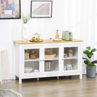 HOMCOM Buffet meuble de rangement avec 3 portes vitrées 2 étagères réglables plateau aspect bois clair 120 x 40 x 70 cm blanc(m-10)