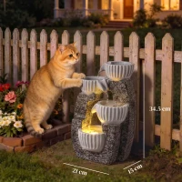 Outsunny 4-Tier Bowl Water Feature, Indoor Outdoor Garden Water Fountain with Pump and LED Lights, Resin Cascading Waterfall(m-3)