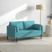 HOMCOM Canapé 2 places style contemporain 2 pochettes sur les accoudoirs pieds en acier revêtement tissu aspect lin bleu(m-10)