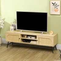 HOMCOM Meuble TV 2 portes cannage en rotin 2 niches avec 2 passe-câbles - pieds métal noir 150 x 39 x 48,3 cm naturel(m-10)