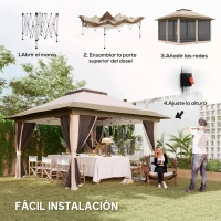 Outsunny Cenador Plegable 3,6x3,6 m con Laterales de Malla UPF50+ Altura Ajustable Bolsa con Ruedas y Bolsas de Arena Beige(m-4)