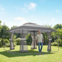 Outsunny Pavillon 4x4m Wasserdicht Höhenverstellbar Pop-up Faltpavillon mit Doppeldach 4 Netzseiten, UV 30+Hellgrau(m-3)
