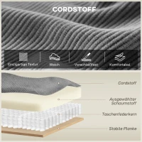 HOMCOM 218 cm brede 3-zitsbank, moderne corduroy-bank met pocketveren, brede armleuningen en 2 kussens, lichtgrijs(m-4)