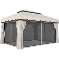 Outsunny Pérgola de Jardim 390x290x270 cm com 4 Cortinas Laterais 4 Telas Mosquiteiras e 8 Orifícios de Drenagem Creme(m-1)