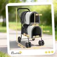 PawHut Carrinho Duplo para Cães e Gatos Dobrável com 2 Transportadoras Removíveis com Cinto e Almofadas 66x50x98 cm Cinzento Escuro(m-3)