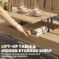 Outsunny Wooden Garden Loveseat with Liftable Table & Shelf, 2-3-Seater Outdoor Bench, Fir Wood Jack and Jill Garden Seat, Teak(m-5)