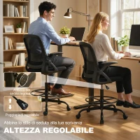 HOMCOM Sedia da Ufficio Ergonomica con Supporto Lombare e Poggiapiedi, in Tessuto e Acciaio, 58x63x105-126 cm, Nero(m-4)