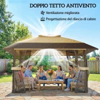 Outsunny Gazebo Pieghevole 4x4 m con 4 Zanzariere Laterali, Doppio Tetto e Sacchi di Sabbia, Cachi e Marrone(m-4)
