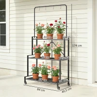 Outsunny Support pour Plantes à 3 Niveaux avec Roulettes, Étagère à Fleurs Pliable en Métal avec 4 Crochets, 84x40,5x174cm, Noir(m-3)