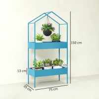 Outsunny Étagère à Plantes 2 Niveaux, Support de Plantes en Métal avec Crochet, Porte-Pots en Forme de Maison, Bleu-Vert(m-3)