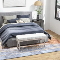 HOMCOM Banc Banquette capitonnée Style Classique 110 cm Bout de lit Rembourrée en lin piètement Bois hévéa sculpté blanc crème(m-10)