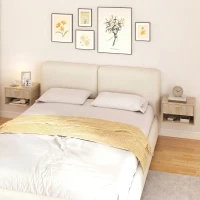 HOMCOM Set of 2 Wall Mounted Nightstands, Floating Bedside Tables with Fluted Drawer and Open Shelf for Small Bedroom, Oak(m-8)