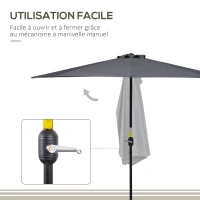 Outsunny Demi parasol parasol de balcon 5 entretoises métal cheminée incluse 2,93 x 1,5 x 2,49 m polyester haute densité gris(m-4)