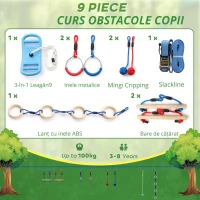 AIYAPLAY Ninja Line copii 10 m set Slackline 9 piese cu 2 inele, leagăn 3-în-1, 2 bare de cățărat pentru 3-8 ani multicolor(m-6)