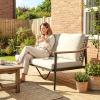 Outsunny 2 Seater Rattan Sofa, Outdoor Garden Sofa with Wood-Effect Armrests, Cushions for Patio, Balcony, Khaki(m-9)