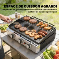 Outsunny Plancha Gaz en Inox, 3 Brûleurs, Barbecue à Gaz avec Plaque Émaillée et Grille de Réchauffage, 7,5 kW, 62x44x21cm, Noir(m-5)