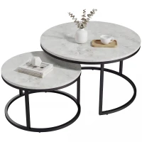 HOMCOM Set de 2 măsuțe de cafea rotunde suprapuse din metal și MDF cu efect de marmură, gri și negru(m-11)