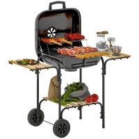 Outsunny Houtskoolgrill van staal grillwagen met afsluitbaar deksel grillrooster wielen handgreep houten plank 98 x 54 x 91 cm Zwart(m-11)