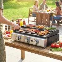 Outsunny Plancha Gaz en Inox, 3 Brûleurs, Barbecue à Gaz avec Plaque Émaillée et Grille de Réchauffage, 7,5 kW, 62x44x21cm, Noir(m-2)