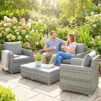 Outsunny 4 Piece Rattan Garden Furniture Set with Loveseat, 2 Armchairs, Glass-Top Table, Wicker Patio Conversation Set, Grey(m-8)
