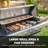 Outsunny Grill gazowy 18,6 kW 6+1 palników BBQ wózek grillowy ze stali nierdzewnej z kółkami, termometrem, półką podgrzewającą, bocznymi stolikami i szafką(m-4)