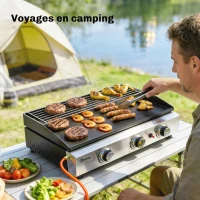 Outsunny Plancha Gaz en Inox, 3 Brûleurs, Barbecue à Gaz avec Plaque Émaillée et Grille de Réchauffage, 7,5 kW, 62x44x21cm, Noir(m-8)