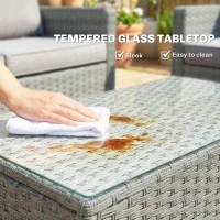 Outsunny 4 Piece Rattan Garden Furniture Set with Loveseat, 2 Armchairs, Glass-Top Table, Wicker Patio Conversation Set, Grey(m-7)