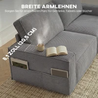 HOMCOM 218 cm brede 3-zitsbank, moderne corduroy-bank met pocketveren, brede armleuningen en 2 kussens, lichtgrijs(m-5)