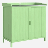 Outsunny Wood Garden Storage Cabinet, Outdoor Tool Shed, Potting Bench Table with galvanised Top and Two Shelves for garden Tools or Pool Accessories, Green