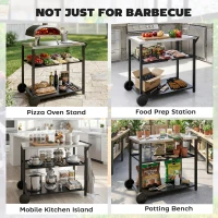 Outsunny Outdoor Grill Cart with Stainless Steel Tabletop for Kitchen Prep, Two-Tier Pizza Oven Stand on Wheels, Black(m-7)