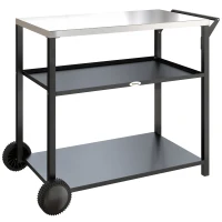 Outsunny Outdoor Grill Cart with Stainless Steel Tabletop for Kitchen Prep, Two-Tier Pizza Oven Stand on Wheels, Black(m-1)