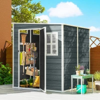 Outsunny Abri de Jardin Cabanon de Stockage Plancher Structure Aluminium 3 Fenêtres 2 Aérations 182x182x183cm Gris Effet Bois(m-2)
