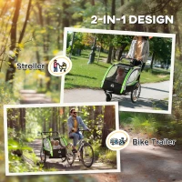 HOMCOM Przyczepa rowerowa 2w1 dla 2 dzieci, funkcja pchania, osłona przeciwdeszczowa, hamulec, Zielony(m-4)