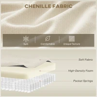 HOMCOM Sofa 3-osobowa, 260 cm sofa chenille z szerokim siedziskiem, sprężyny kieszeniowe, pianka o wysokiej gęstości, 3 poduszki, kremowa biel(m-4)