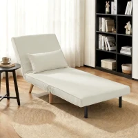 HOMCOM Fotoliu-șezlong convertibil 3 în 1 pat/fotoliu 1 loc, spătar 5 poziții, material textil cu pernă, crem(m-2)