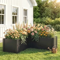 Outsunny Pat înălțat în formă de L pentru flori, rezistent la intemperii, pat de plantare/seră timpurie din oțel zincat 150 x 150 x 55 cm Negru(m-2)