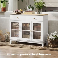 HOMCOM Comodă Bucătărie cu 2 Dulapuri și 2 Sertare, Uși din Sticlă Temperată Șanțată, Bufet pentru Living cu Rafturi Reglabile, pentru Sufragerie, 100x35x80.3 cm, Alb și Stejar(m-4)