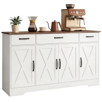 HOMCOM Bufet, mobilier de depozitare pentru bucătărie în stil rustic cu 4 uși tip hambar, 3 sertare, etajere reglabile, alb(m-8)