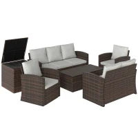 Outsunny Conjunto de Jardim Exterior de Vime 6 Peças Almofadas Sofá Duplo Sofá de 3 Lugares 2 Poltronas 2 Mesas Auxiliares Bege(m-10)