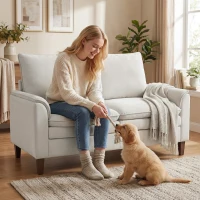 HOMCOM 146 cm Zweisitzer Sofa, Chenille-Sofa mit doppellagiger Polsterung, Federkissen, tiefem Sitz, hoher Rückenlehne, Cremeweiß(m-8)