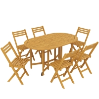Outsunny Conjunto de muebles de jardín de madera certificada FSC, juego de comedor 7 piezas extensible, mesa con 6 sillas plegables, orificio para sombrilla, diseño de lamas