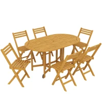 Outsunny Conjunto de muebles de jardín de madera certificada FSC, juego de comedor 7 piezas extensible, mesa con 6 sillas plegables, orificio para sombrilla, diseño de lamas(m-1)