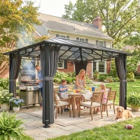 Outsunny 3 x 4 m Outdoor Hardtop Gazebo Canopy with PC Roof, Aluminium Permanent Pavilion Garden Gazebo with Curtains, Dark Grey(m-8)